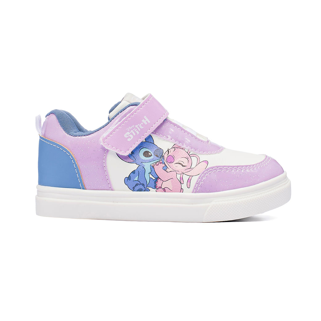 Tênis infantil Disney Stitch branco com estampa colorida e fechamento em velcro